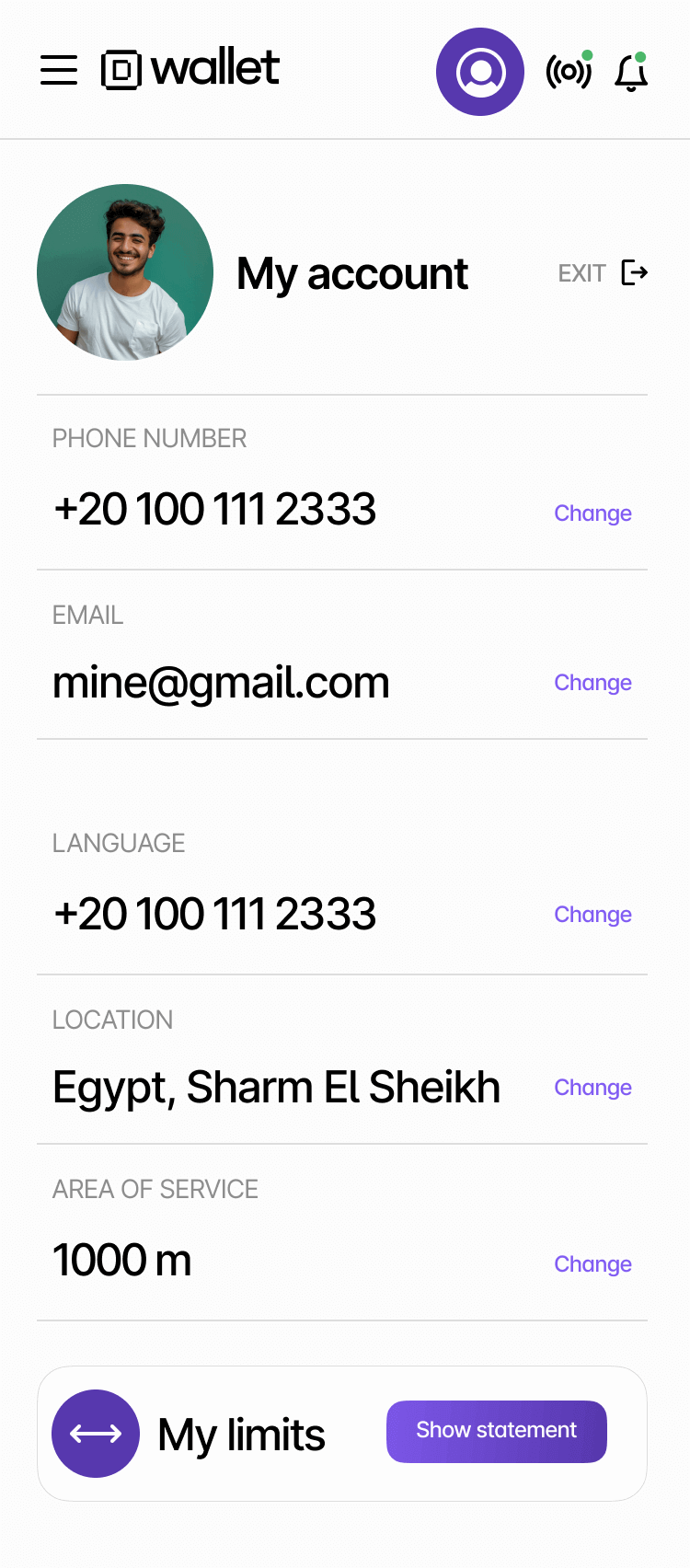 Digital Wallet app profile page